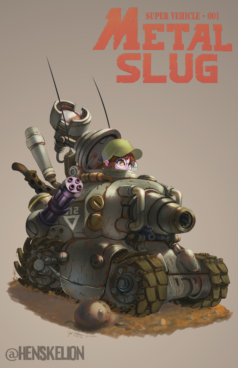 1girl, baseball_cap, brown_hair, caterpillar_tracks, dieselpunk, dirt, english_commentary, fio_germi, glasses, green_headwear, ground_vehicle, gun, hat, henskelion, highres, metal_slug, military, military_vehicle, motor_vehicle, solo, sv001_(metal_slug), tan_background, tank, tank_focus, vehicle_focus, weapon, yellow_eyes