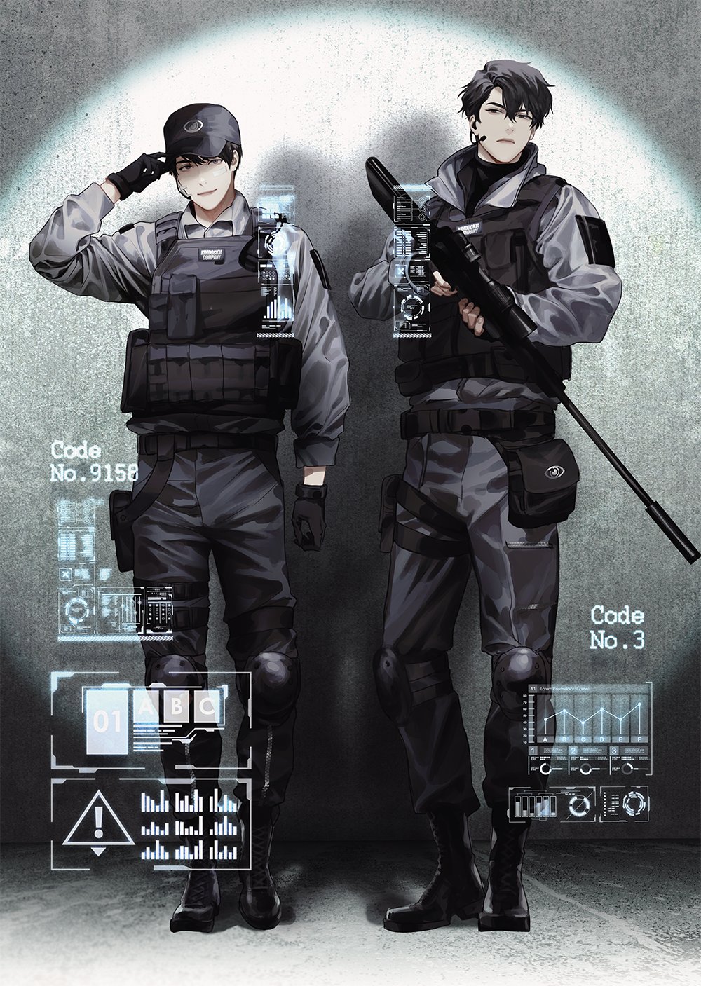 2boys, adjusting_clothes, adjusting_headwear, ammunition_pouch, black_eyes, black_hair, blackbox_(blackbox9158), boots