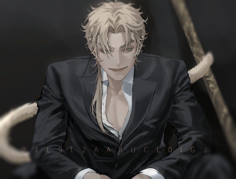 1boy, blackbox_(blackbox9158), blonde_hair, blurry, collared_shirt, dark_background, depth_of_field, formal