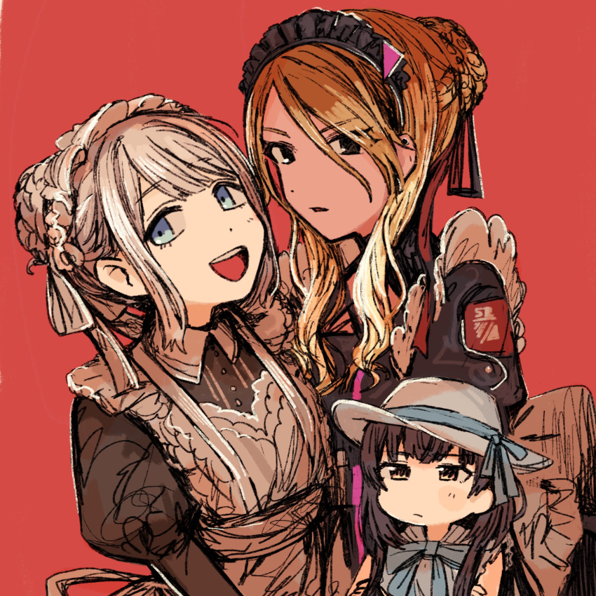 3girls, :d, alternate_costume, apron, black_hair, blonde_hair, brown_hair, chibi, dutch_angle, enmaided, expressionless, fuyuno_(ramentaro23), gradient_hair, grey_hair, hair_bun, highres, idolmaster, idolmaster_shiny_colors, izumi_mei, juliet_sleeves, long_sleeves, maid, maid_headdress, mayuzumi_fuyuko, multicolored_hair, multiple_girls, puffy_sleeves, red_background, serizawa_asahi, simple_background, smile, straylight_(idolmaster), white_apron