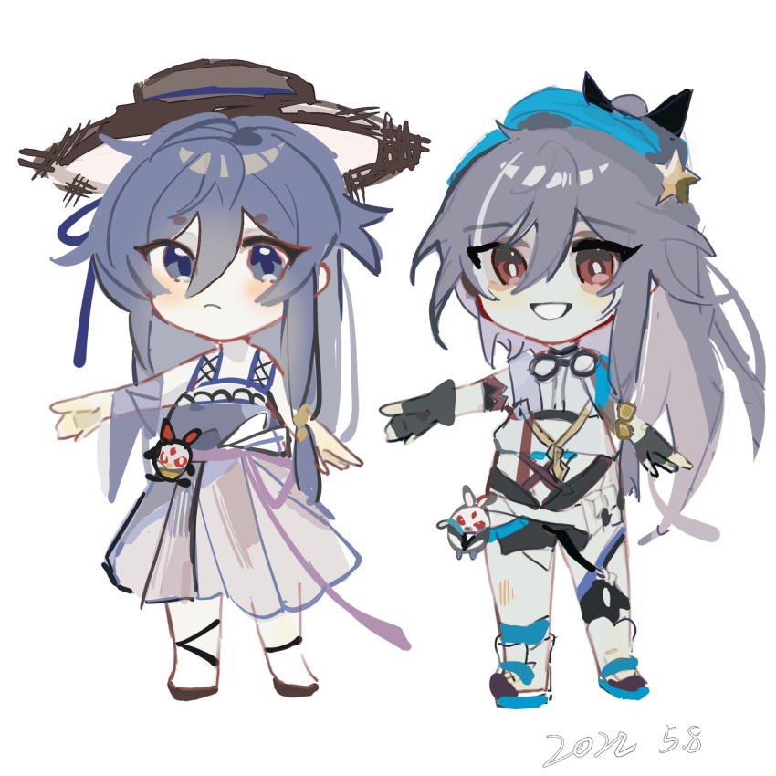 2girls, :d, artist_name, black_gloves, black_hair, blue_eyes, chibi, closed_mouth, dress, fu_hua, fu_hua_(herrscher_of_sentience), full_body, gloves, grin, hat, highres, honkai_(series), honkai_impact_3rd, multiple_girls, open_mouth, ponytail, red_eyes, simple_background, sketch, smile, straw_hat, summer_uniform, sundress, teeth, white_background, white_dress, yemengjiang