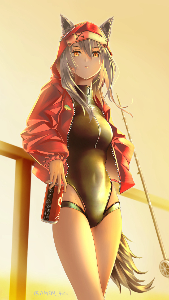 1girl, against_railing, animal_ear_fluff, arknights, artist_name, backlighting, bangs, black_swimsuit