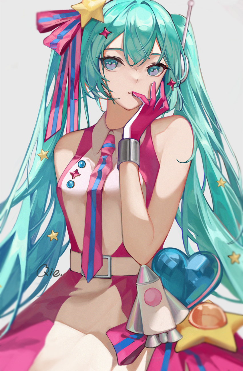 1girl, alternate_costume, antennae, aqua_eyes, aqua_hair, bare_shoulders, belt, breasts