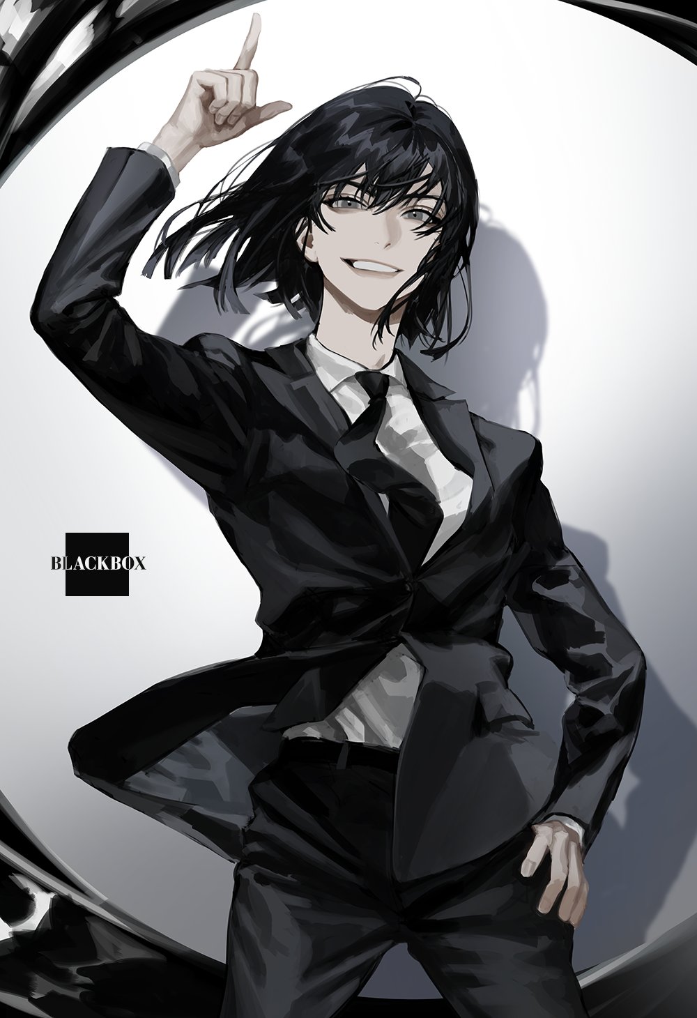 1girl, arm_up, artist_name, black_hair, black_necktie, blackbox_(blackbox9158), collared_shirt, cowboy_shot