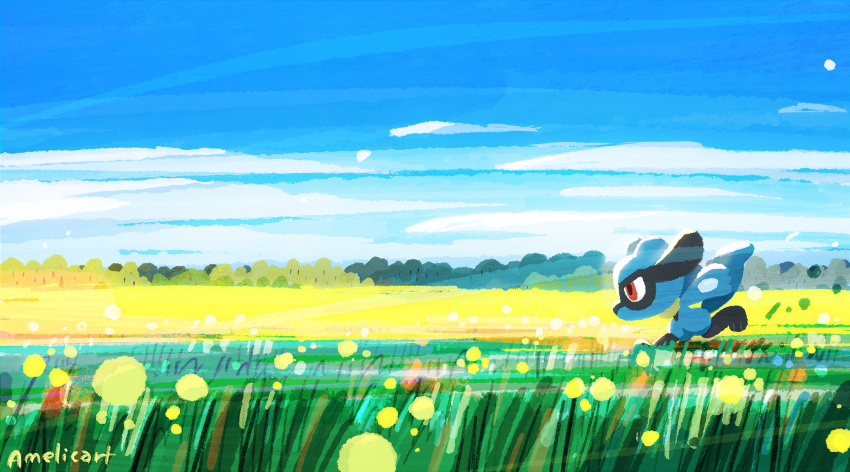 amelicart, arms_behind_back, clouds, day, field, flower, flower_field, from_side, highres, no_humans, outdoors, pokemon, pokemon_(creature), profile, red_eyes, riolu, running, signature, sky, solo, yellow_flower