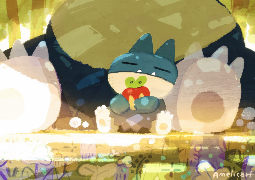 amelicart, applin, claws, day, fangs, flower, highres, holding