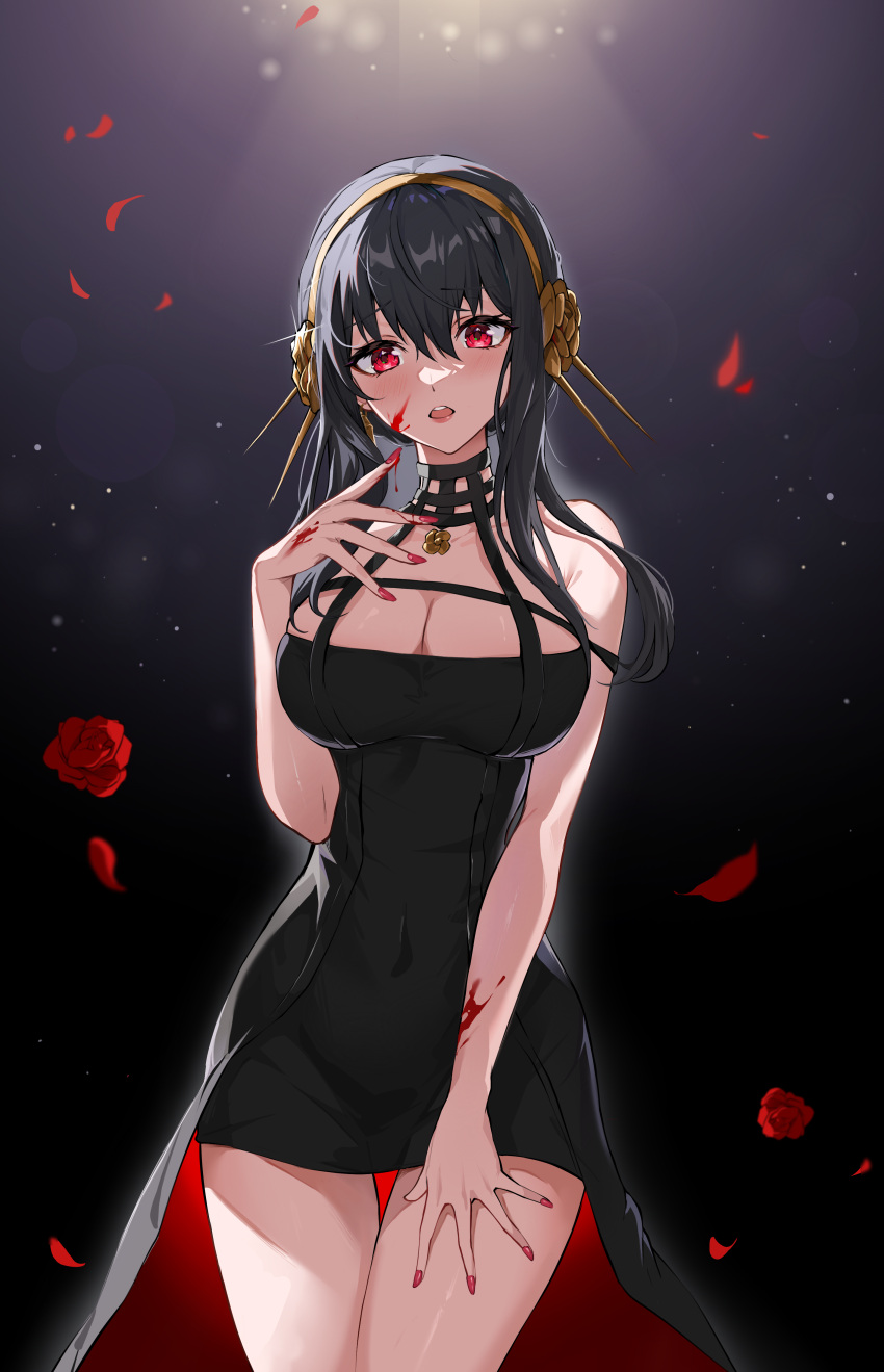 1girl, absurdres, backlighting, bangs, bare_shoulders, black_background, black_choker, blood