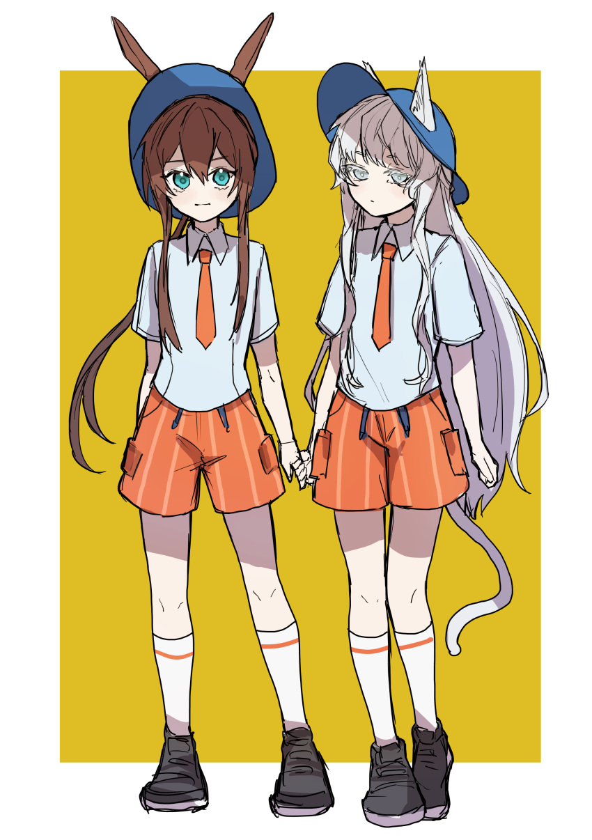 2girls, absurdres, amiya_(arknights), animal_ear_fluff, animal_ears, arknights, bangs, black_footwear