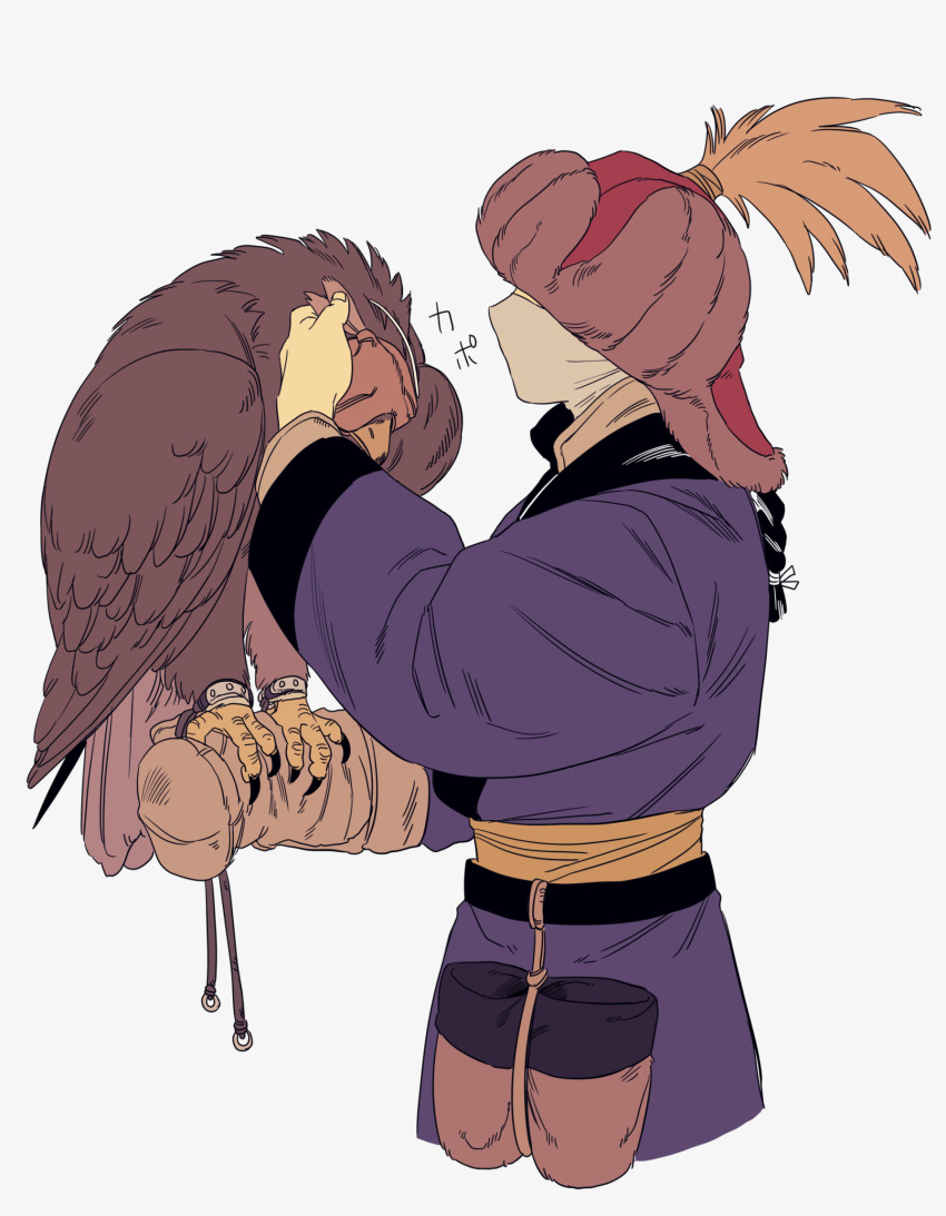 1boy, animal, bag, bird, bird_on_hand, black_hair, braid, braided_ponytail