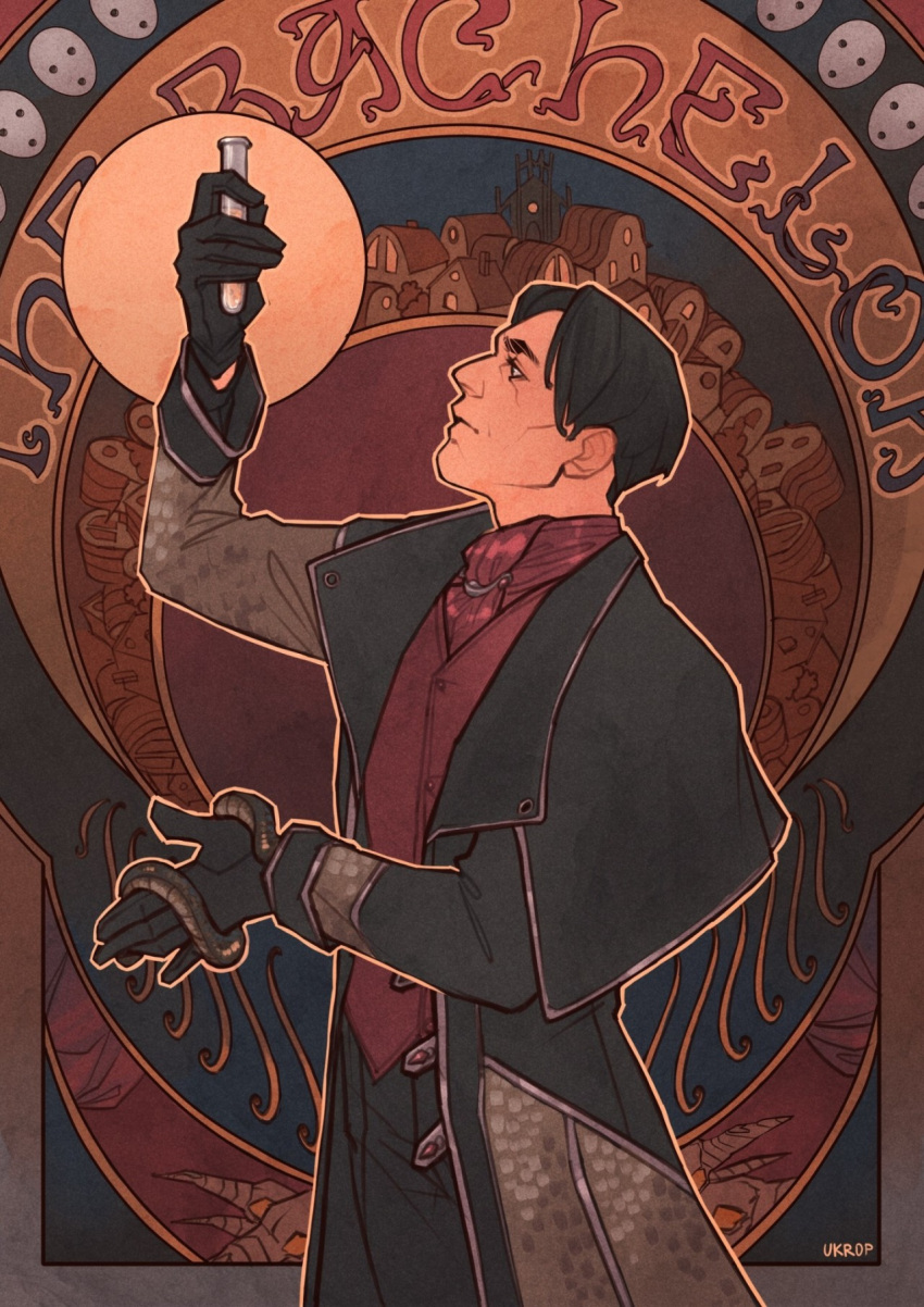 1man, bachelor, bird_mask, bird_skull, black_gloves, black_hair, black_jacket, black_pants, brooch, cathedral, daniil_dankovsky, executor, leather, leather_gloves, leather_jacket, mask, pathologic, pathologic_2, plague_doctor_mask, pop_art, red_ascot, red_vest, snake, snake_print, test_tube, town, tragedian, ukropstales, white_mask