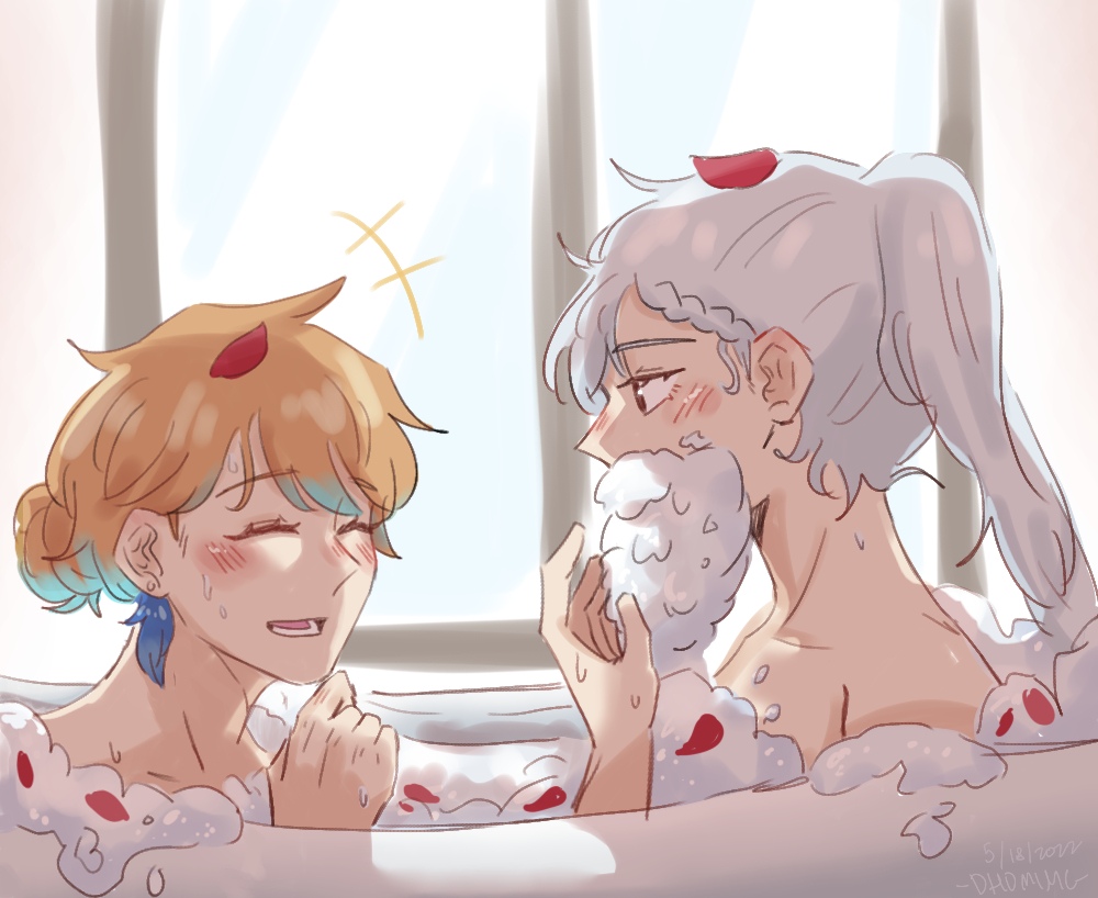 +++, 2girls, bangs, bath, bathing, bathtub, blush, bubble_bath, commentary, dated, dhominic25, earrings, english_commentary, fake_facial_hair, feather_earrings, feathers, gradient_hair, green_hair, hair_up, hololive, hololive_english, hololive_indonesia, jewelry, long_hair, looking_at_another, multicolored_hair, multiple_girls, orange_hair, pavolia_reine, petals, ponytail, rose_petals, shadow, smile, takanashi_kiara, virtual_youtuber, wet, white_hair, window, yuri