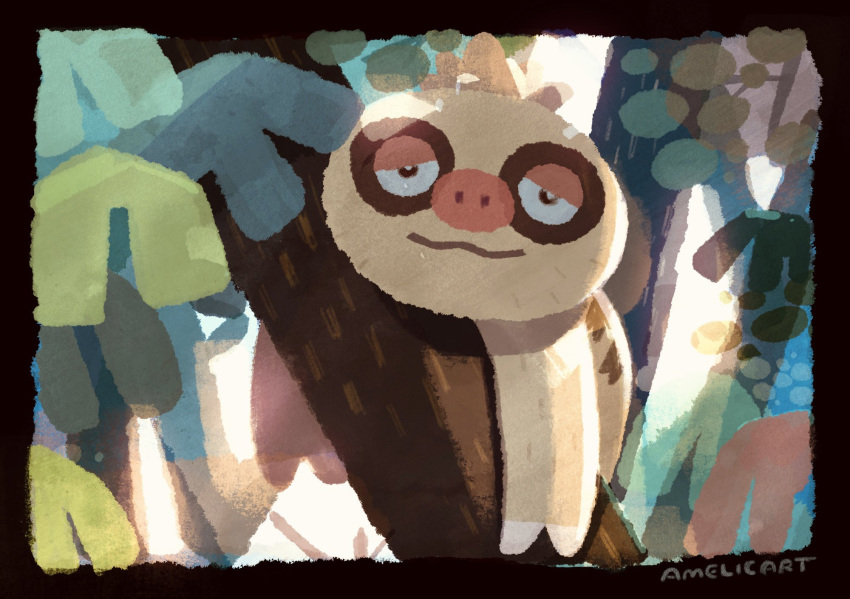 :3, amelicart, black_border, border, branch, claws, closed_mouth, half-closed_eyes