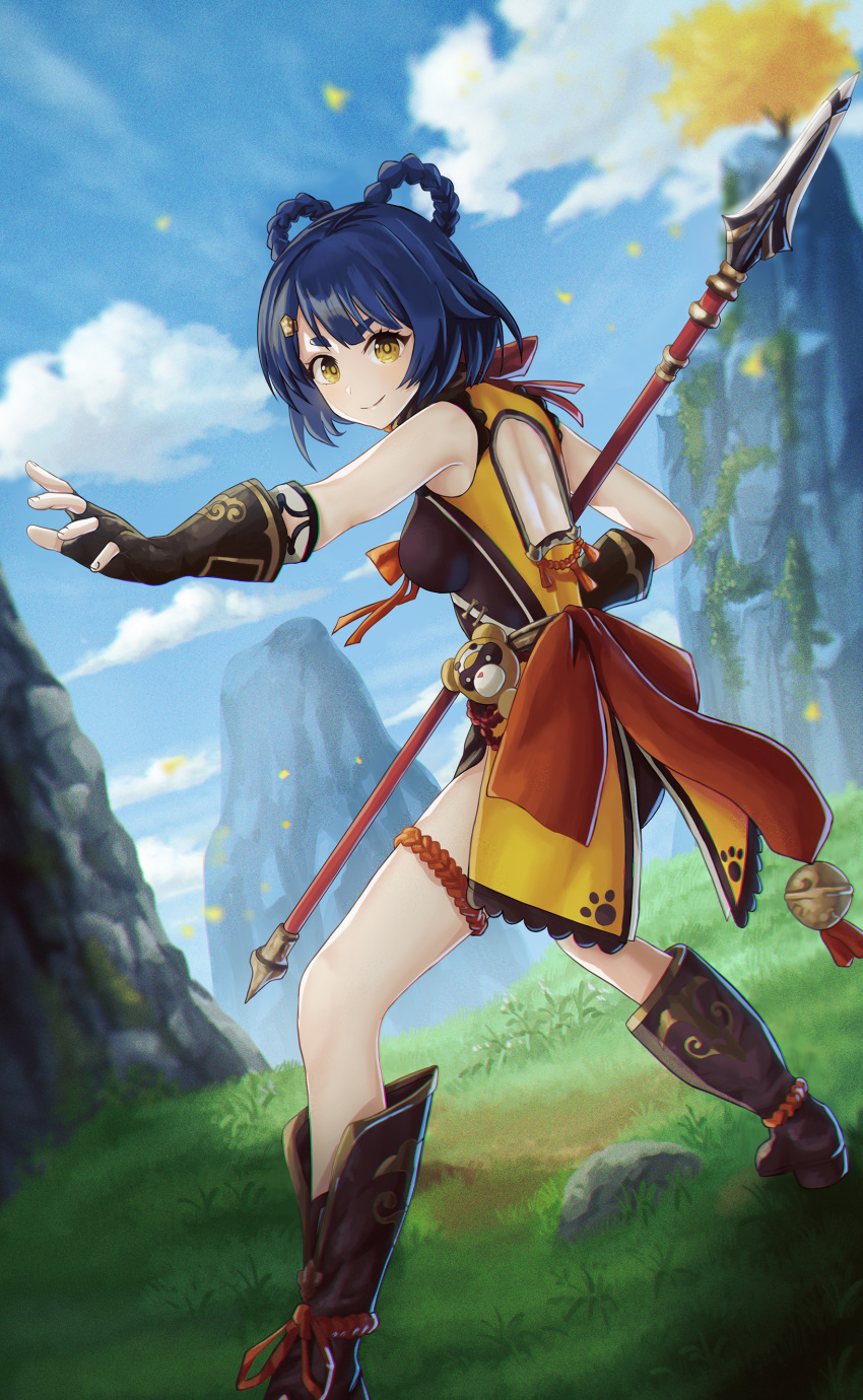 1girl, absurdres, back_cutout, bell, blue_hair, blue_sky, boots, braid, breasts, brown_footwear, brown_gloves, chinese_clothes, clothing_cutout, clouds, fighting_stance, fingerless_gloves, foot_out_of_frame, from_side, genshin_impact, gloves, grass, guoba_(genshin_impact), hair_ornament, hair_rings, hairclip, highres, holding, holding_polearm, holding_weapon, konbanwa01, legs, mountain, outdoors, outstretched_arm, paw_print, polearm, short_eyebrows, short_hair, sky, small_breasts, smile, solo, spear, stuffed_toy, tassel, thigh_strap, twin_braids, v-shaped_eyebrows, weapon, xiangling_(genshin_impact), yellow_eyes