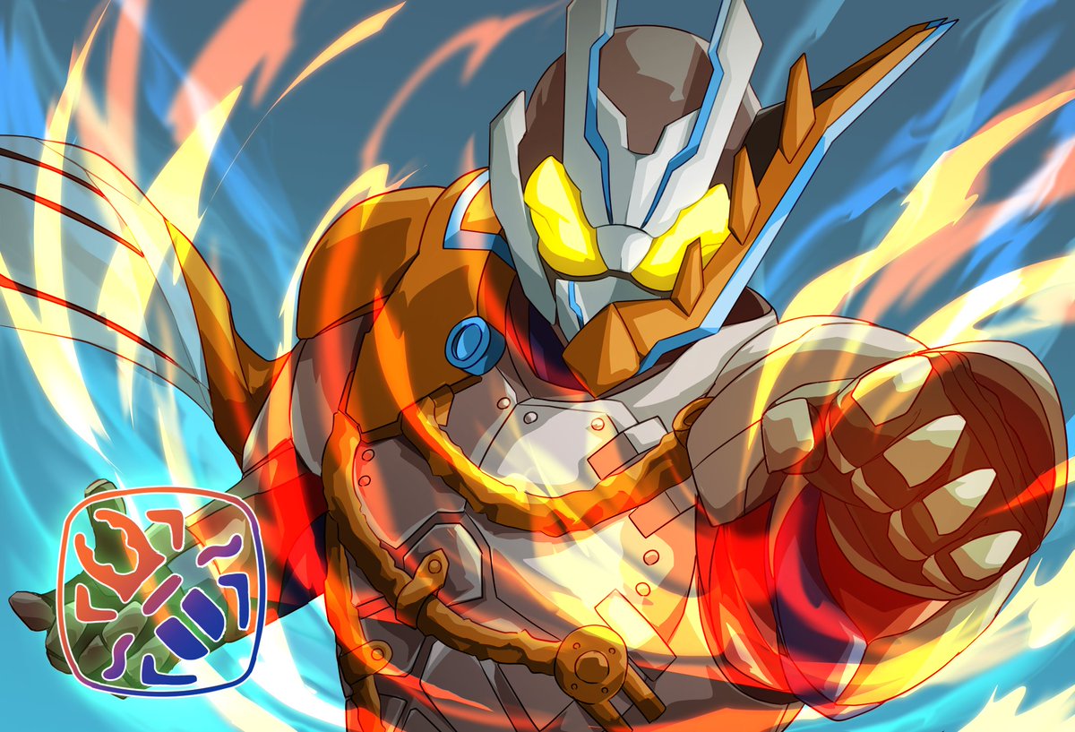 1boy, armor, asymmetrical_armor, bug, commentary_request, fire, h, horns