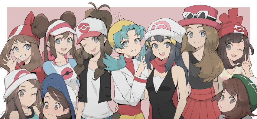 6+girls, bandana, baseball_cap, beanie, black_hair, blue_hair, blush, brown_hair