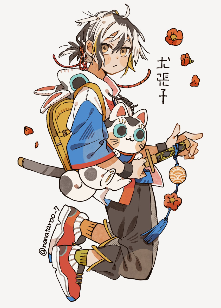 1boy, ahoge, animal, animal_hood, asymmetrical_footwear, backpack, bag, black_hair, blonde_hair, brown_eyes, floating, flower, full_body, highres, holding, holding_animal, hood, inu-hariko, katana, looking_at_viewer, male_focus, mismatched_footwear, multicolored_hair, nanataroo_7, original, petals, red_flower, red_footwear, sheath, sheathed, shoes, short_ponytail, sneakers, solo, streaked_hair, sword, twitter_username, weapon, white_background, white_hair, wristband, yellow_bag