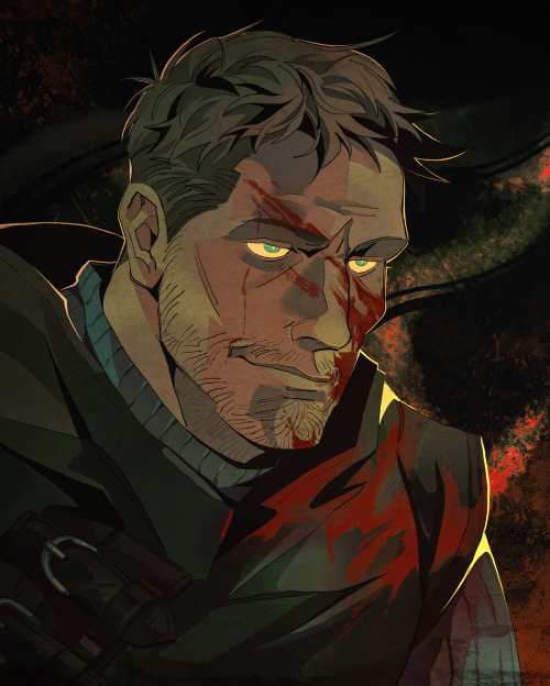 1man, artemy_burakh, blonde_hair, blood, blood_on_clothes, blood_on_face, blood_splatter, blue_sweater, buckles, facial_hair, green_smock, haruspex, hood, hood_down, pathologic, pathologic_2, shadow, smirk, solo, straps, ultra-baklan-the-ovosh, yellow_eyes