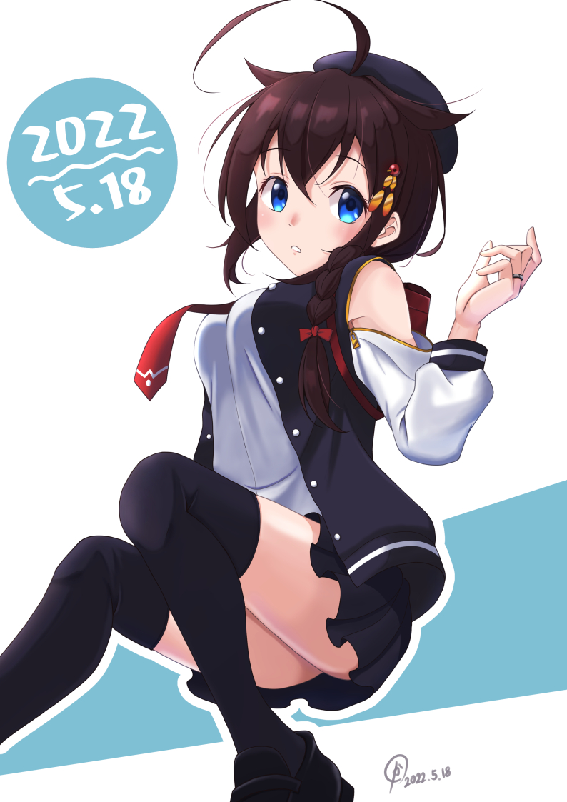 1girl, ahoge, anniversary, bare_shoulders, beret, black_footwear, black_hair, black_headwear