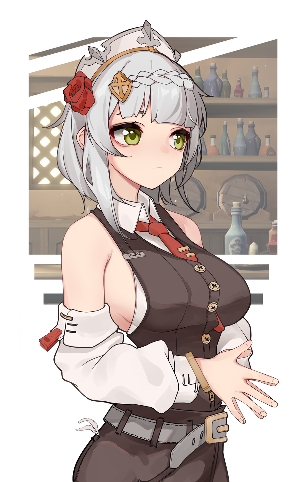 1girl, bangs, bare_shoulders, black_vest, blunt_bangs, border, breasts, collared_shirt, detached_sleeves, flower, frown, genshin_impact, green_eyes, hair_flower, hair_ornament, highres, inniyik, medium_breasts, medium_hair, necktie, noelle_(genshin_impact), palms_together, red_flower, red_necktie, red_rose, rose, shirt, sideboob, sleeveless, sleeveless_shirt, solo, upper_body, vest, white_border, white_hair