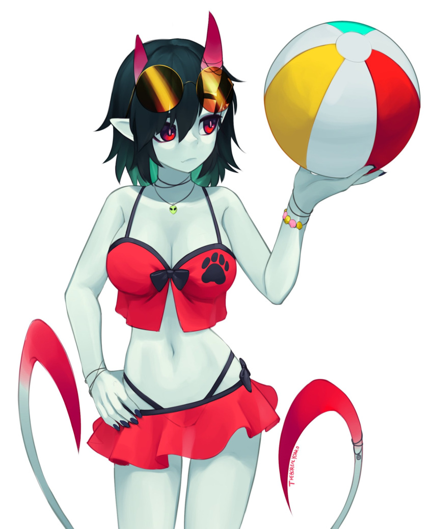 1girl, artist_name, asymmetrical_horns, ball, bangs, bare_arms, bare_shoulders, beachball, bikini, bikini_skirt, black_hair, black_nails, bracelet, breasts, commentary, cowboy_shot, english_commentary, eyewear_on_head, green_hair, hair_between_eyes, hand_on_hip, highres, horns, jewelry, light_blue_skin, looking_away, looking_to_the_side, medium_breasts, medium_hair, multicolored_hair, multiple_tails, nail_polish, navel, necklace, oni_horns, original, paw_print, pointy_ears, red_bikini, red_eyes, round_eyewear, simple_background, solo, stomach, sunglasses, swimsuit, tail, tail_ornament, white_background, yoako