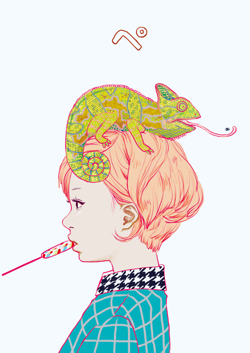 1girl, animal_on_head, bangs, bug, candy, chameleon, collared_shirt, fly