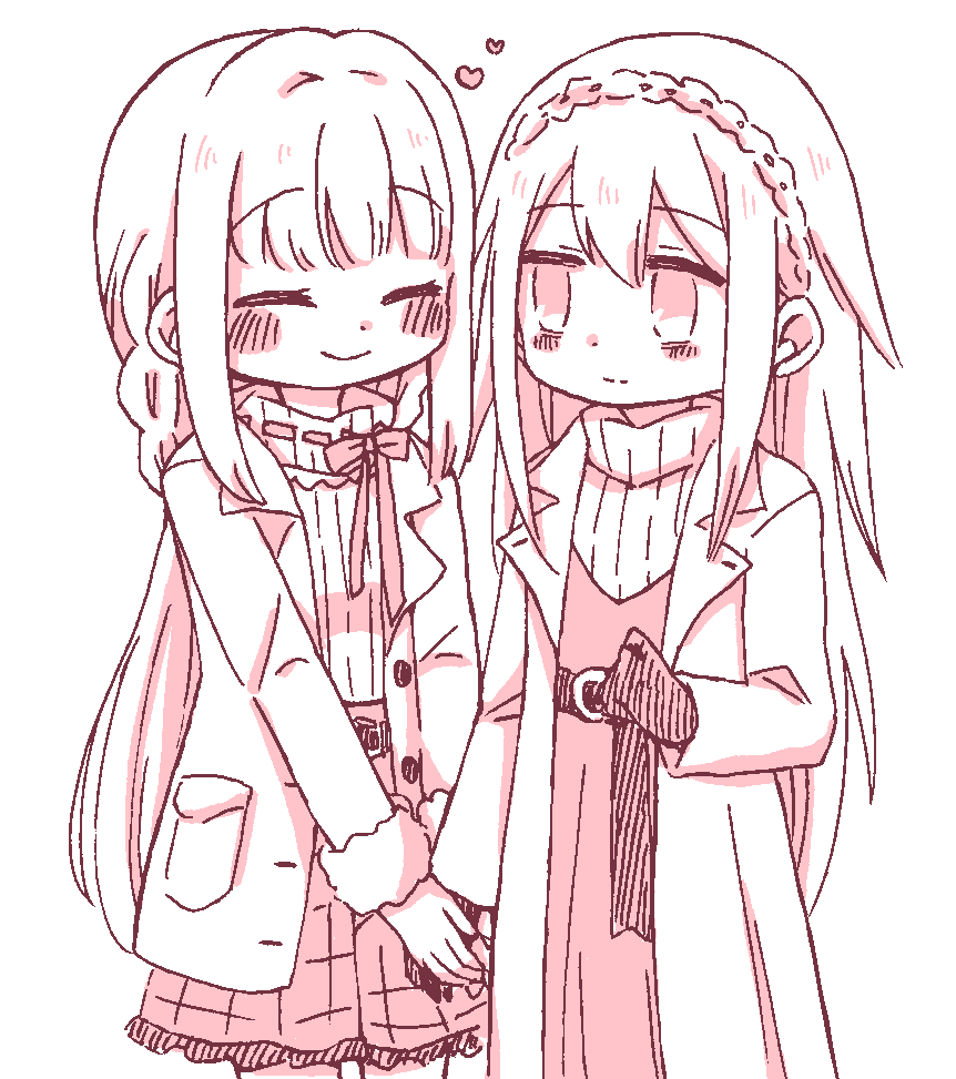 2girls, anmitsu_(magenta), bangs, belted_skirt, blunt_bangs, braid, braided_ponytail, buttons