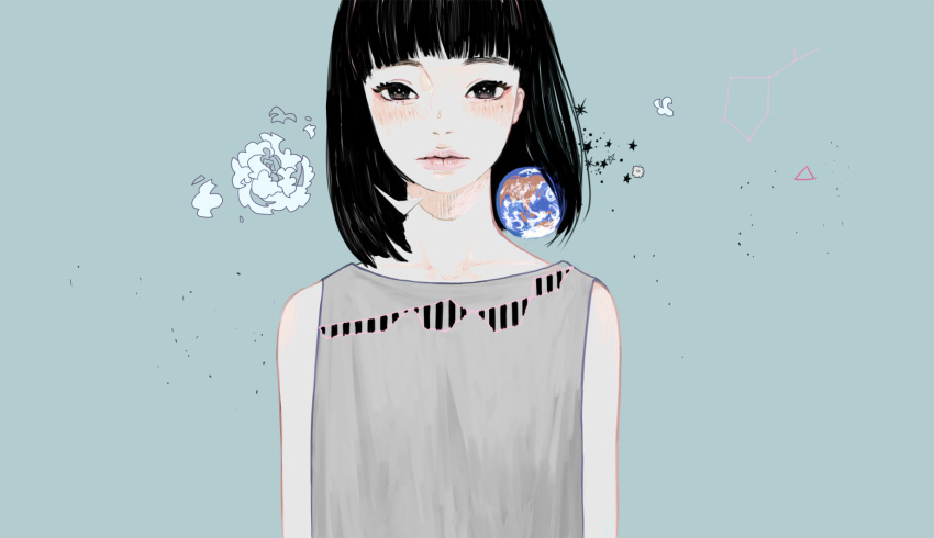 1girl, bangs, black_eyes, black_hair, blue_background, blunt_bangs, blush, earth_(planet), expressionless, highres, lips, looking_at_viewer, medium_hair, mole, mole_under_eye, negiusagi, original, planet, sleeveless, solo, star_(symbol), straight-on, upper_body