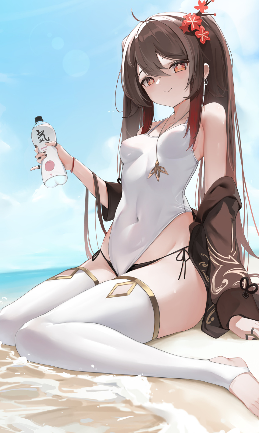 1girl, absurdres, ahoge, alternate_costume, bare_shoulders, beach, berserker_r, bikini, bikini_bottom_only, black_nails, bottle, breasts, brown_hair, brown_jacket, closed_mouth, drink, earrings, flower, flower-shaped_pupils, genshin_impact, gold_trim, gradient_hair, hair_flower, hair_ornament, highres, holding, holding_bottle, holding_drink, hu_tao_(genshin_impact), jacket, jewelry, long_hair, multicolored_hair, multiple_rings, off_shoulder, pinky_out, plum_blossoms, red_eyes, redhead, ring, sand, sitting, small_breasts, smile, solo, stirrup_legwear, streaked_hair, swimsuit, symbol-shaped_pupils, thigh-highs, thighs, toeless_legwear, twintails, wariza, water, white_legwear, white_swimsuit