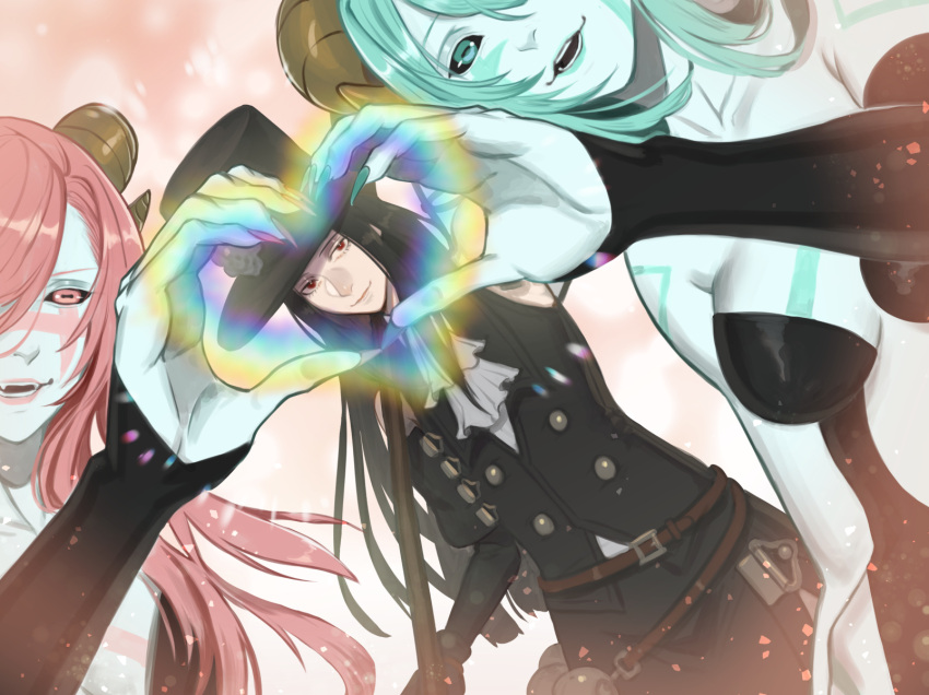 1other, 2girls, androgynous, asymmetrical_gloves, bangs, bare_shoulders, belt, black_hair