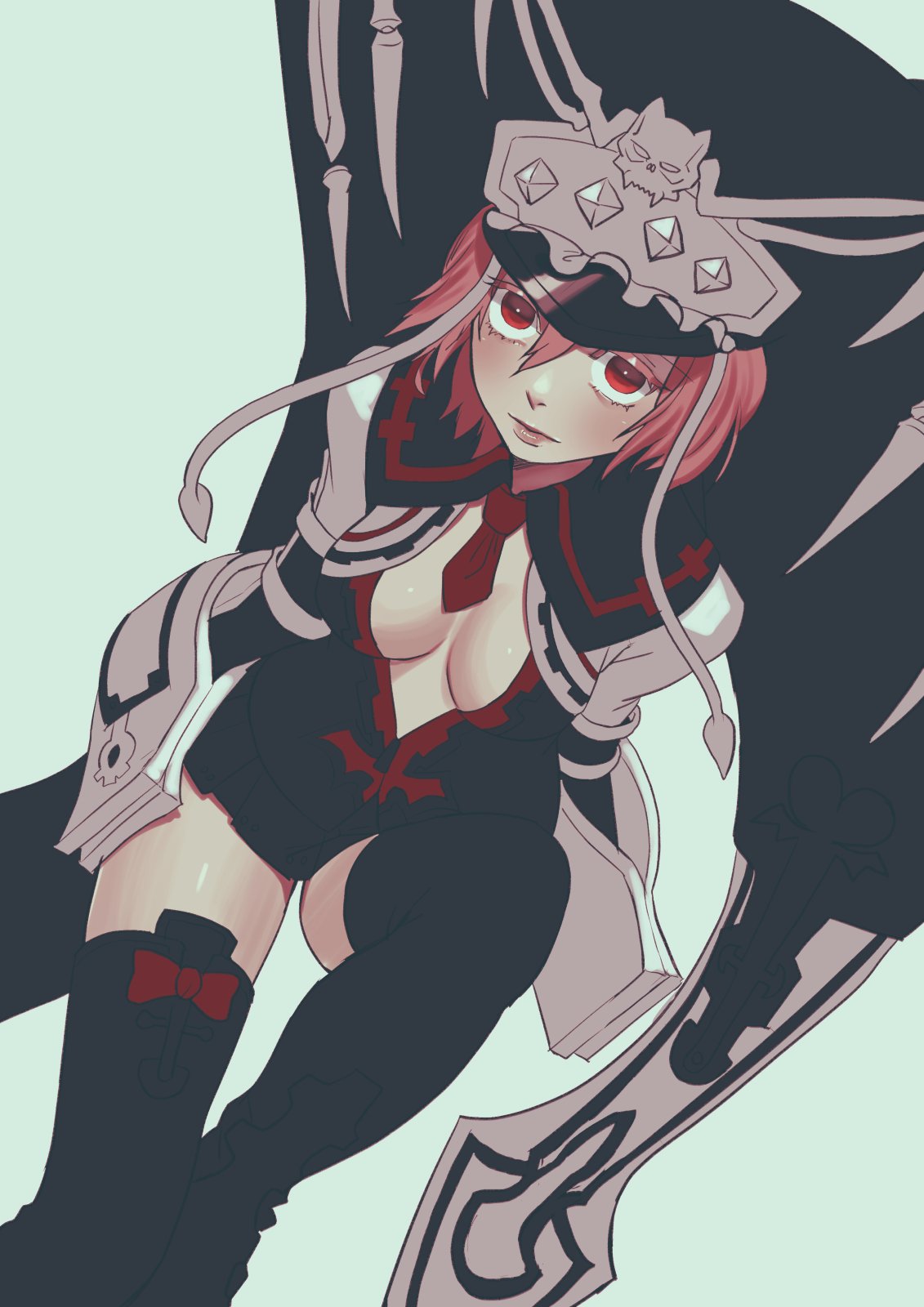 1girl, black_dress, black_legwear, black_skirt, blush, breasts, center_opening, cleavage_cutout, closed_mouth, clothing_cutout, dress, green_background, guilty_gear, guilty_gear_2, hair_between_eyes, hat, headpiece, highres, invisible_chair, lips, long_sleeves, looking_at_viewer, looking_up, medium_breasts, medium_hair, necktie, no_bra, red_eyes, red_necktie, redhead, short_hair, simple_background, sitting, skirt, skull, solo, thigh-highs, udakyo, valentine_(guilty_gear), zettai_ryouiki