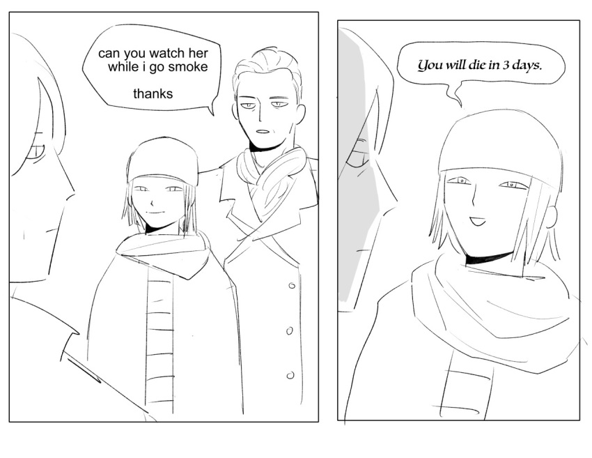 1girl, 2men, alexander_saburov, ascot, bachelor, beanie, changeling, clara_(pathologic)