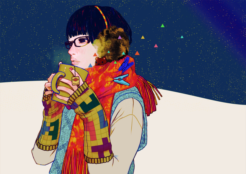 1girl, arm_warmers, blue_eyes, blue_hair, blush, clothes_pin, cup, earmuffs
