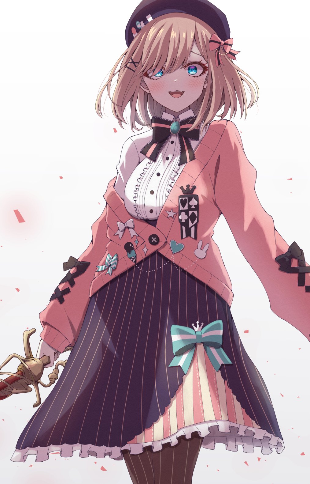beret, blue_eyes, blush, boots, bow, bowtie, brooch, brown_hair