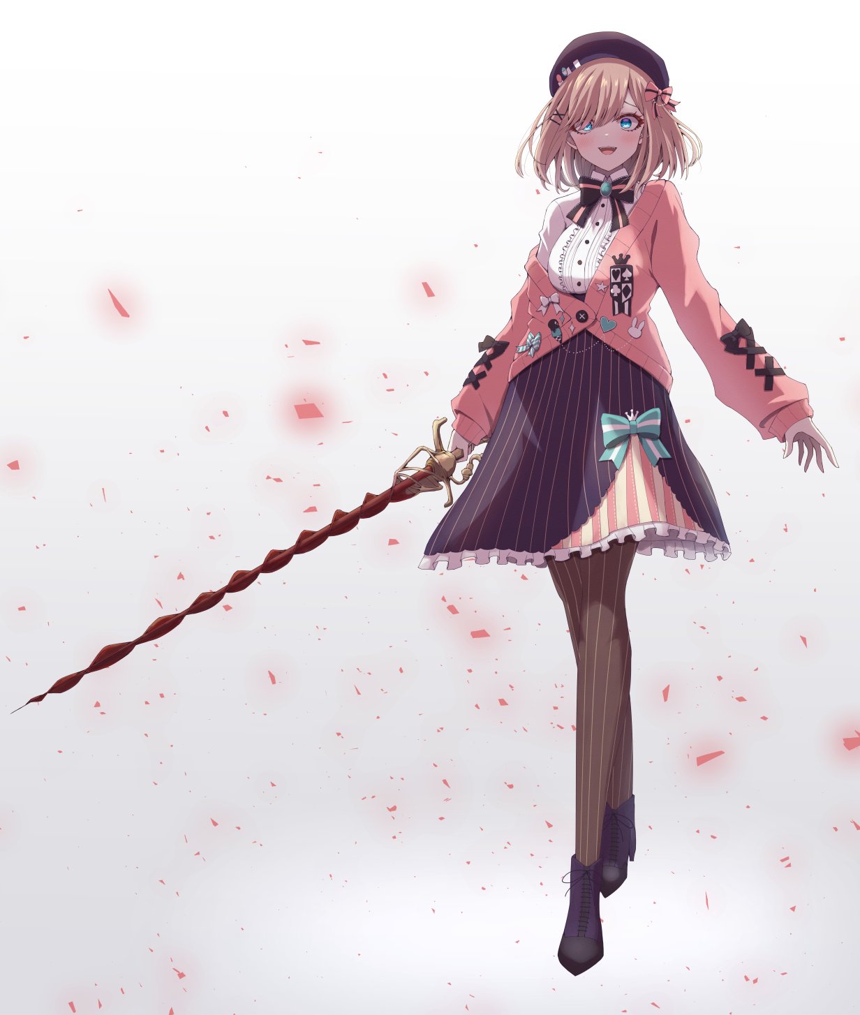 beret, blue_eyes, blush, boots, bow, bowtie, brooch, brown_hair, buttons, cardigan, frills, hair_ornament, hair_over_one_eye, hair_ribbon, hat, herumu_(kouzome_mia), highres, jewelry, nijisanji, ribbon, skirt, smile, striped, striped_legwear, striped_skirt, suzuhara_lulu, sword, virtual_youtuber, weapon, white_background
