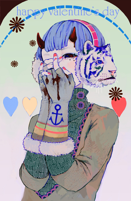 1girl, blue_eyes, blue_hair, chocolate, covered_mouth, earmuffs, eating, english_text