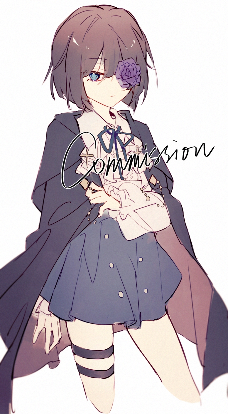 ambiguous_gender, arm_behind_back, bangs, blue_eyes, blue_jacket, blue_ribbon, blue_skirt, brown_hair