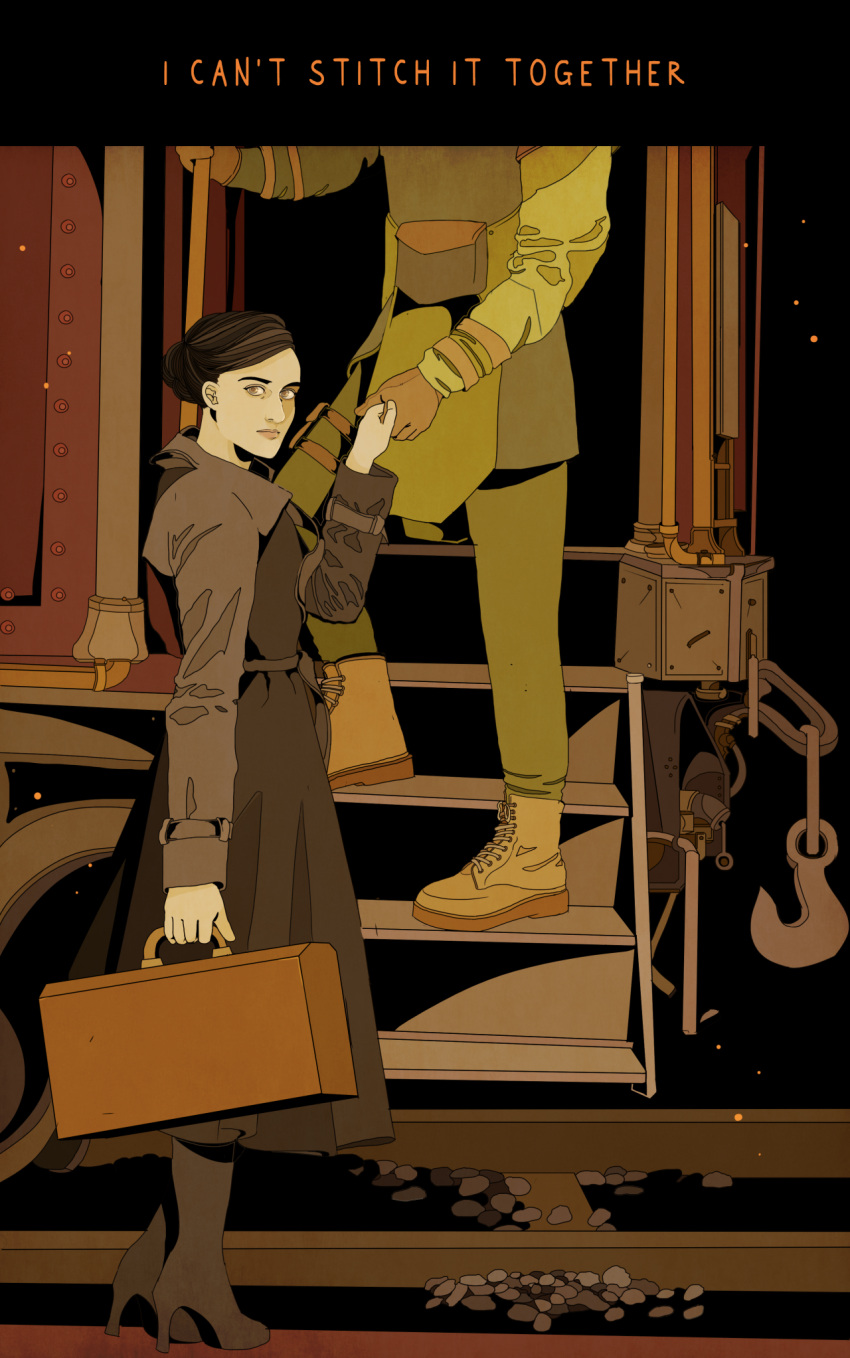 1man, 1woman, aglaya_lilich, artemy_burakh, black_boots, black_hair, black_jacket, boarding_train