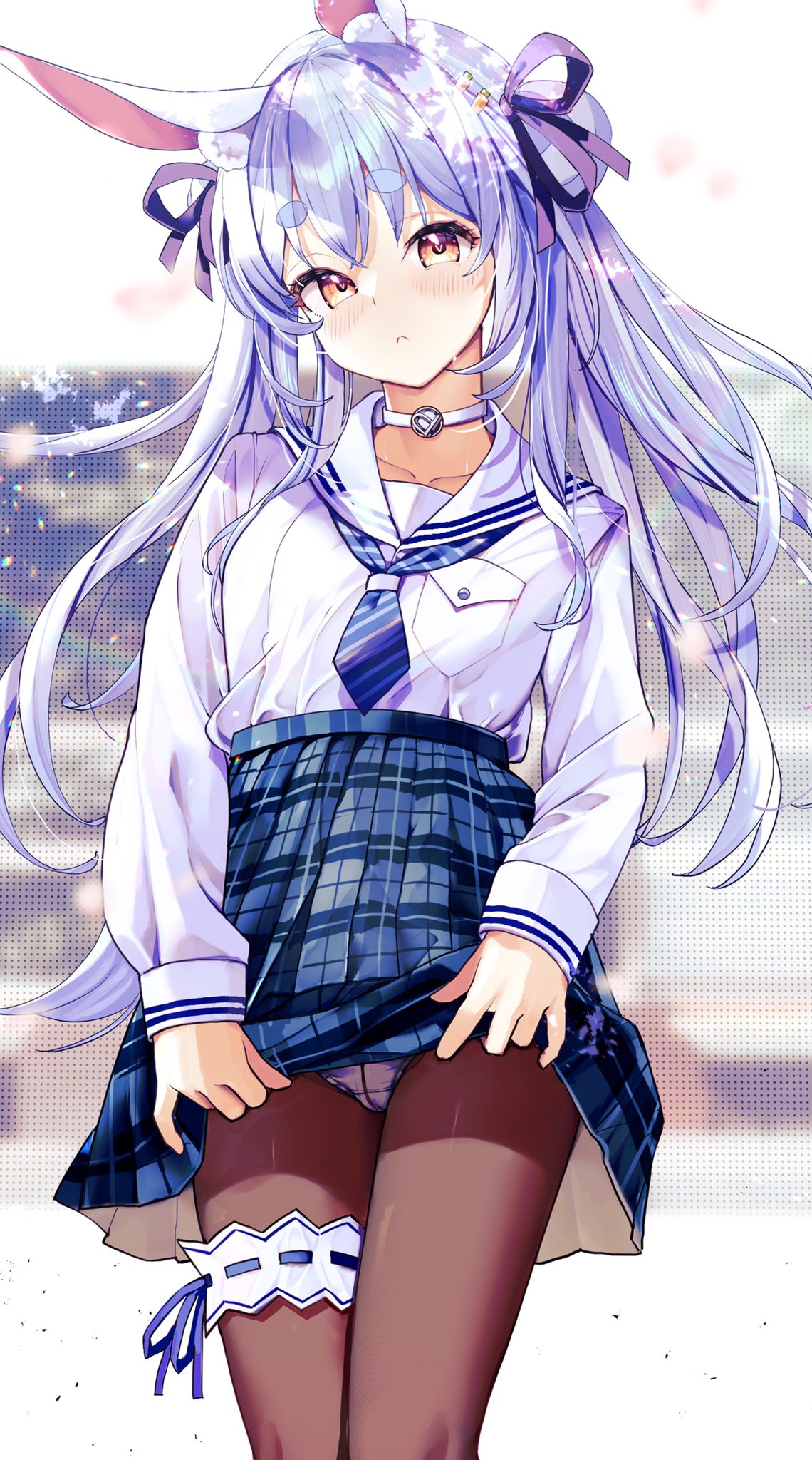 animal_ear_fluff, animal_ears, bangs, blue_hair, blush, braid, clothes_lift, eyebrows_visible_through_hair