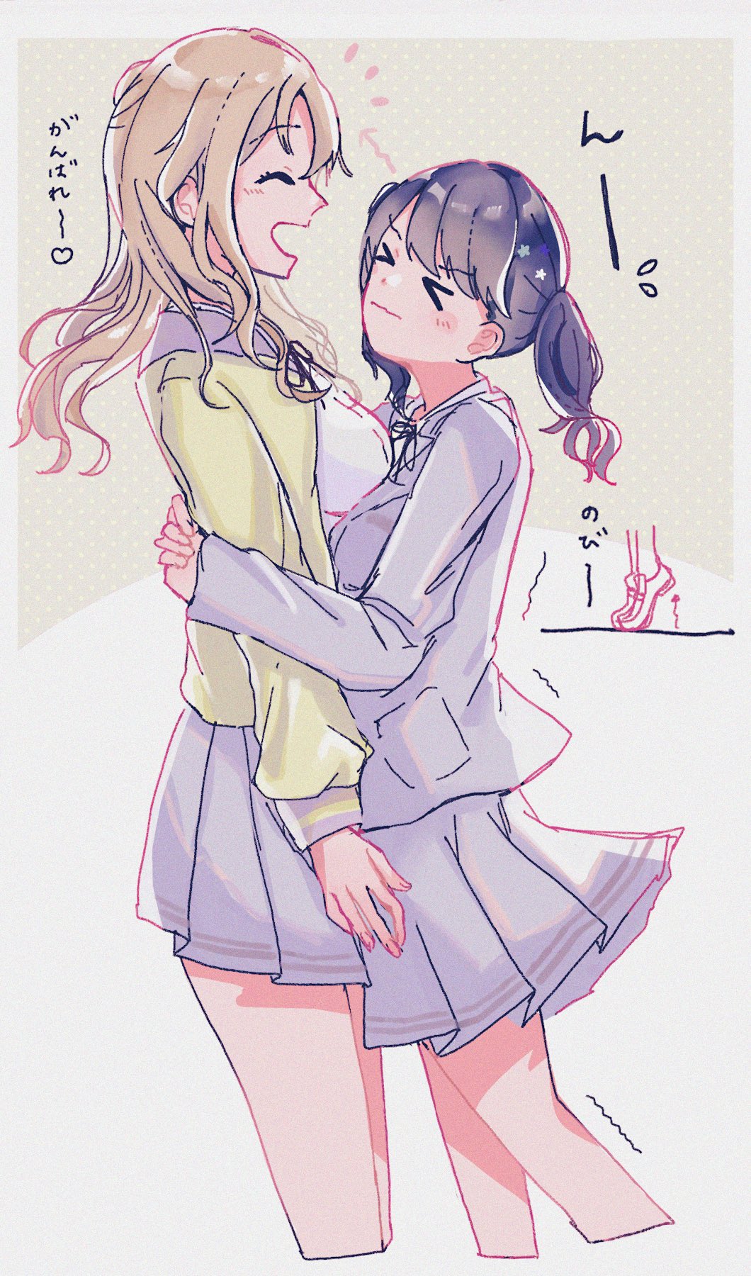 >_<, 2girls, ^_^, ^o^, blazer, cardigan, closed_eyes, cropped_legs, feet_up, fukumaru_koito, grey_jacket, grey_skirt, height_difference, highres, hug, ichikawa_hinana, idolmaster, idolmaster_shiny_colors, jacket, ki_nu_uu, multiple_girls, pleated_skirt, profile, school_uniform, simple_background, skirt, trembling, yellow_cardigan, yuri