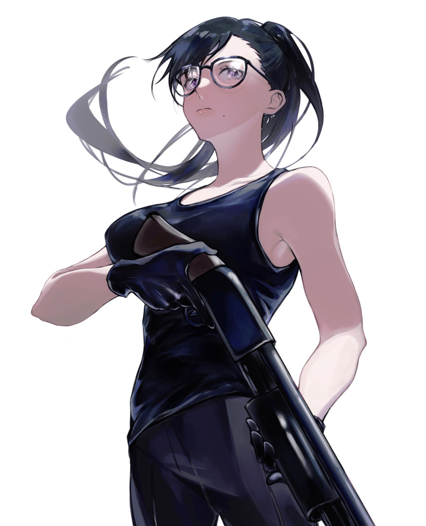 1girl, absurdres, black_hair, glasses, gloves, gun, highres, holding