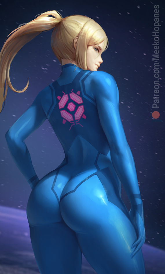 1girl, arm_at_side, ass, blonde_hair, blue_bodysuit, blue_eyes, bodysuit, closed_mouth, cowboy_shot, english_commentary, from_behind, hand_on_hip, long_hair, looking_at_viewer, looking_back, meekohopanes, metroid, patreon_username, ponytail, samus_aran, skin_tight, solo, space, tight, web_address, zero_suit