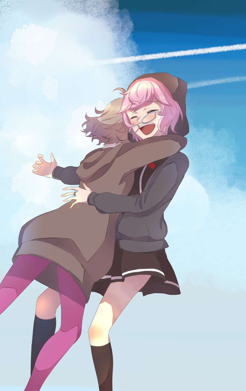 2girls, :d, ahoge, azuki_mokyu, black_dress, black_jacket, black_legwear, blue_background
