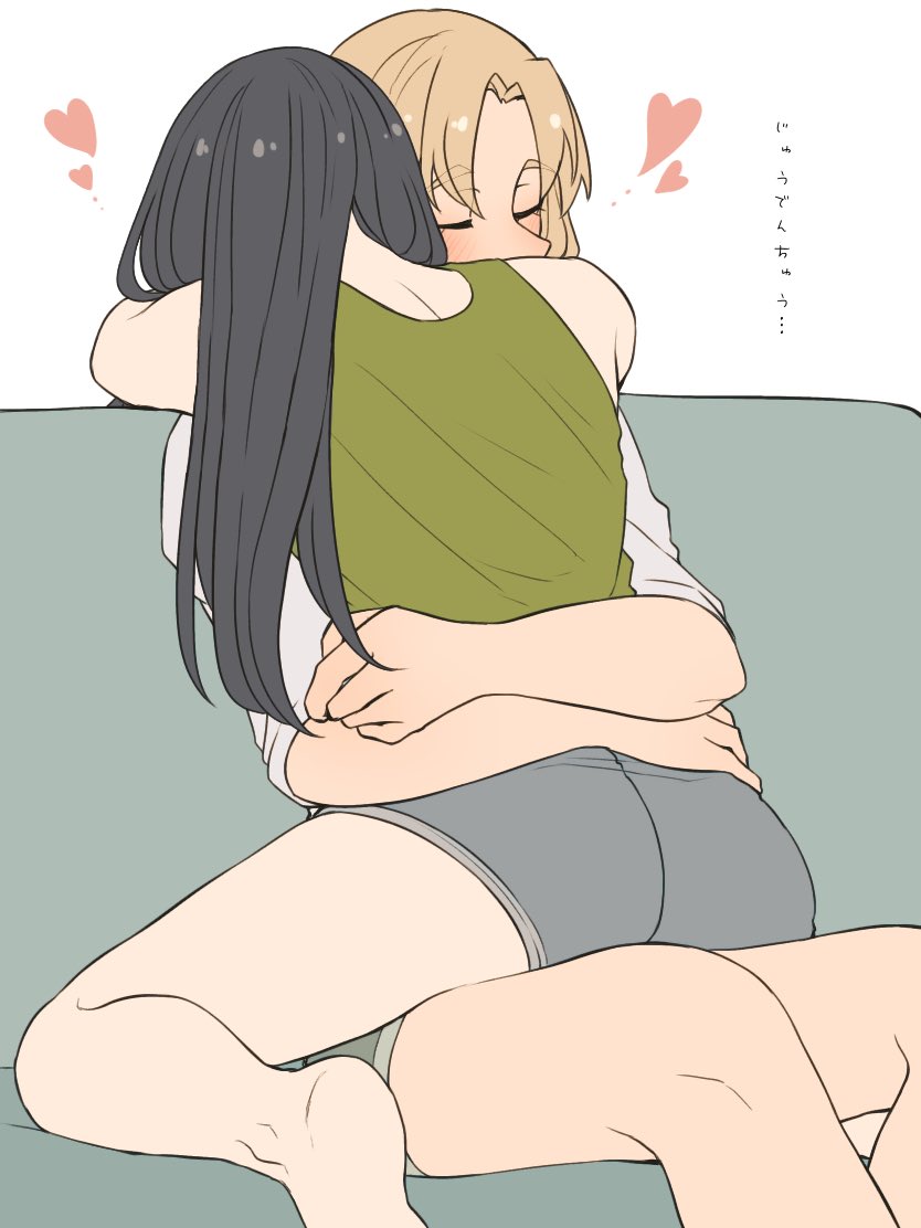 2girls, black_hair, blush, closed_eyes, couch, green_shirt, green_tank_top, heart, hoshizora_no_shita, hug, long_hair, multiple_girls, original, shirt, shorts, sitting, sitting_on_lap, sitting_on_person, straddling, tank_top, translation_request, yuri