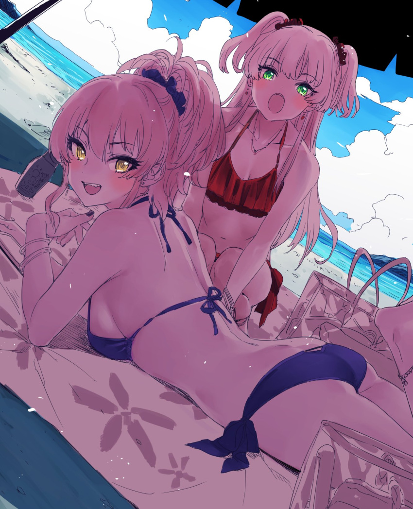 :d, :o, ass, beach, bikini, blonde_hair, blue_sky, blush