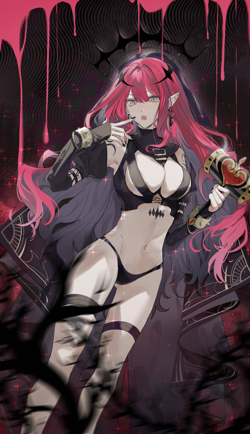 1girl, absurdres, bangs, bare_shoulders, black_panties, bracelet, breasts, bridal_gauntlets