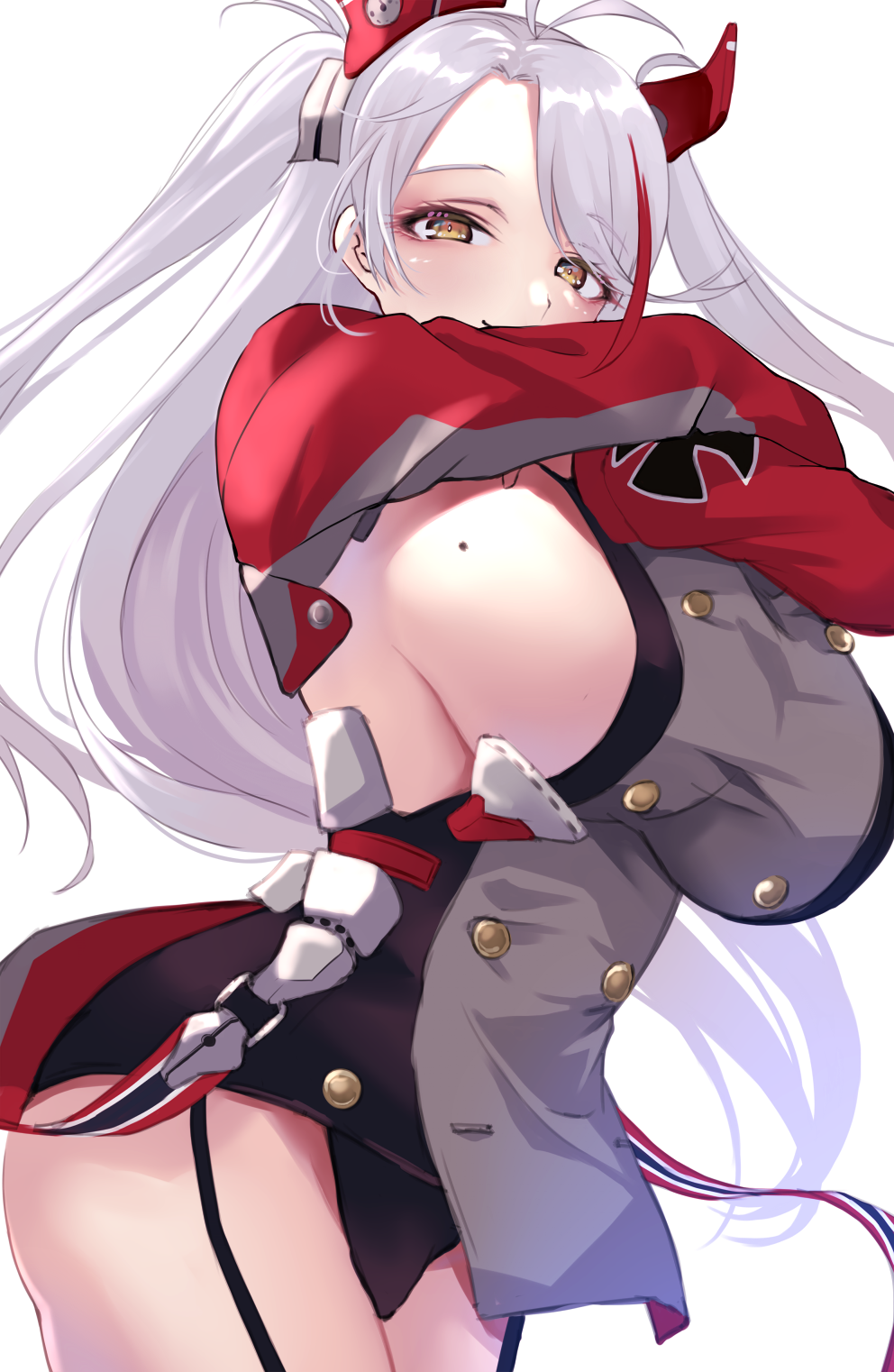 1girl, azur_lane, bangs, breasts, buttons, double-breasted, garter_straps, highres, large_breasts, long_hair, long_sleeves, looking_at_viewer, mole, mole_on_breast, orange_eyes, prinz_eugen_(azur_lane), sideboob, solo, thighs, two_side_up, wee_(weeyy), white_background