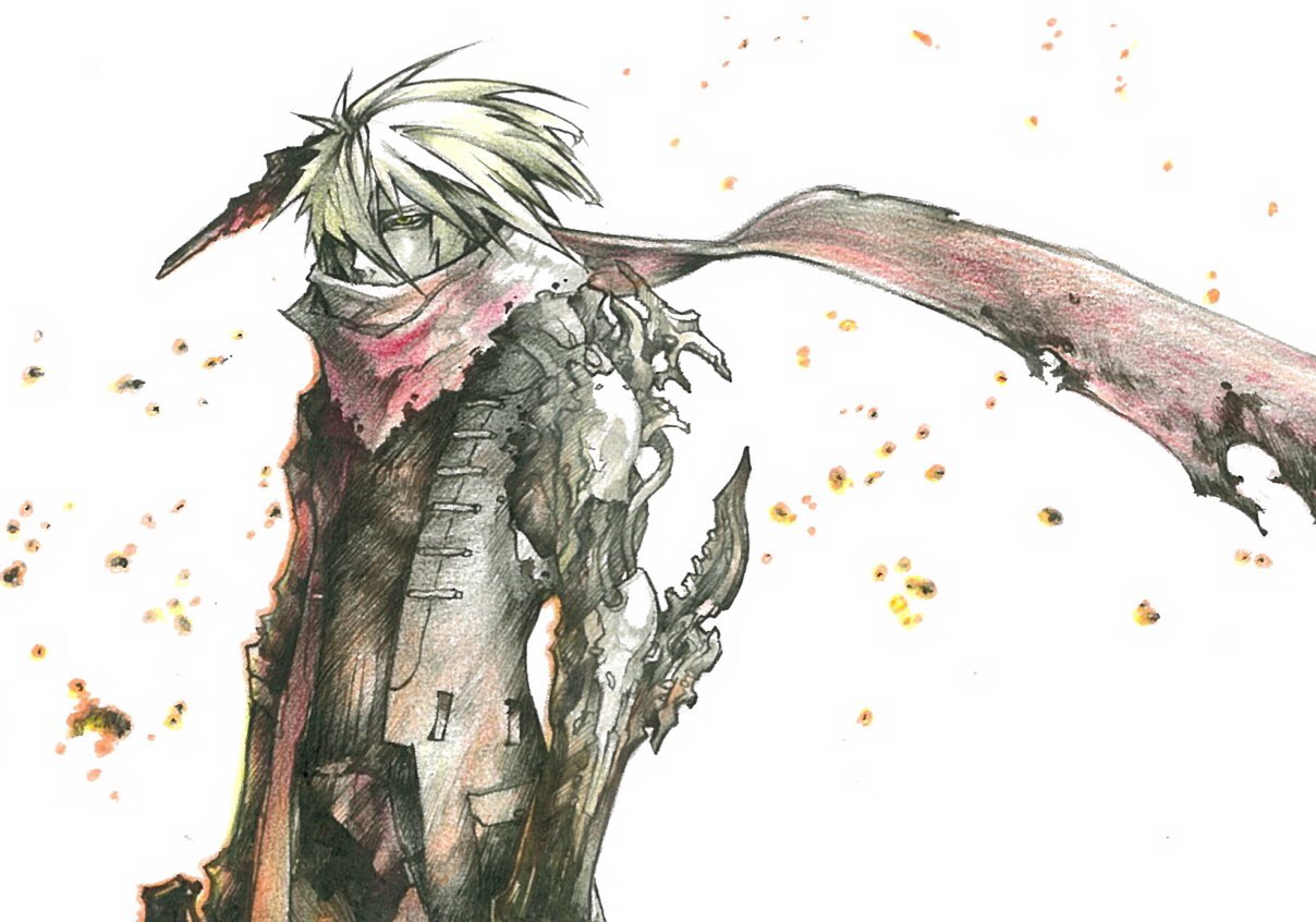 1boy, arm_blade, blade, blonde_hair, burnt, burnt_clothes, cable, coat