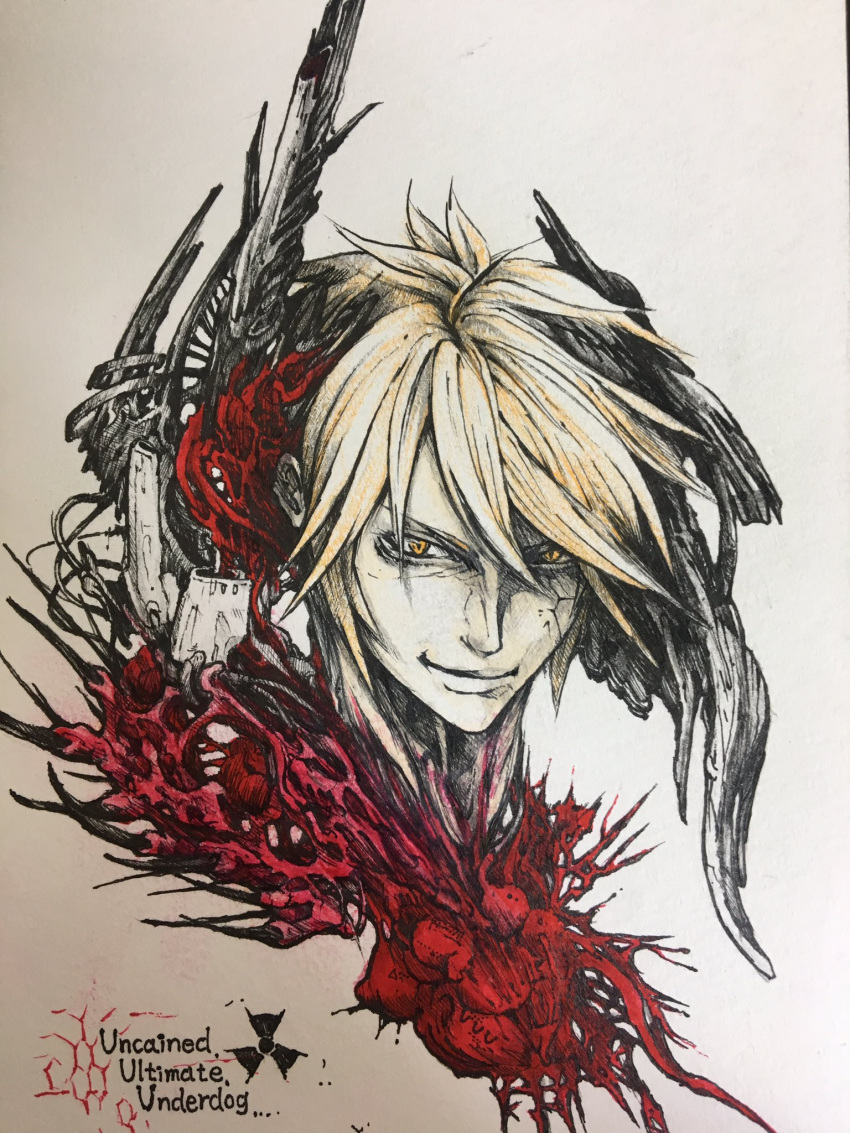 1boy, blonde_hair, closed_mouth, crack, cracked_skin, english_text, face, hair_between_eyes