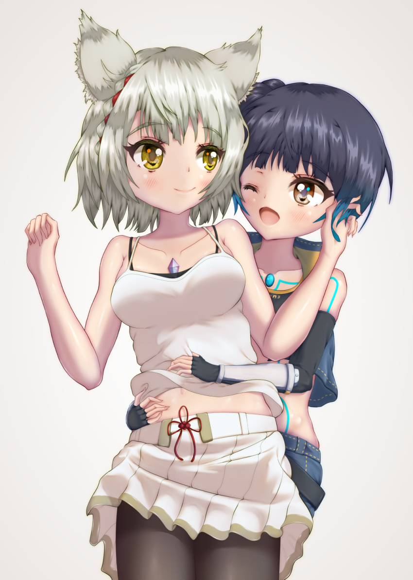 2girls, animal_ears, blue_hair, breasts, camisole, cat_ears, cat_girl, chest_jewel