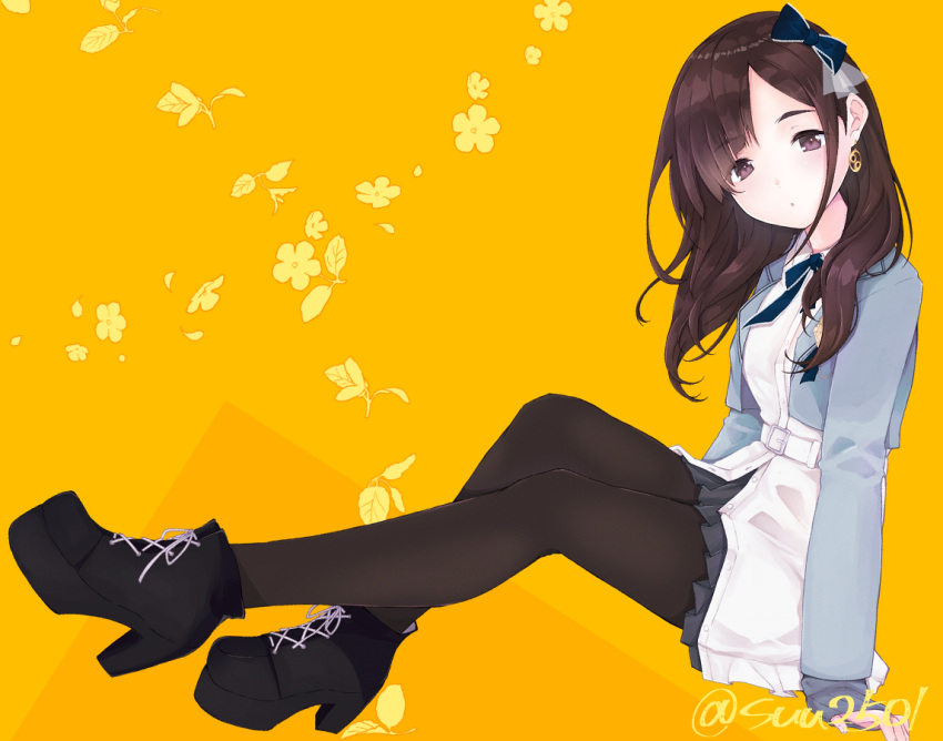 1girl, black_hair, black_legwear, bow, brown_eyes, brown_hair, hair_bow, hair_ornament